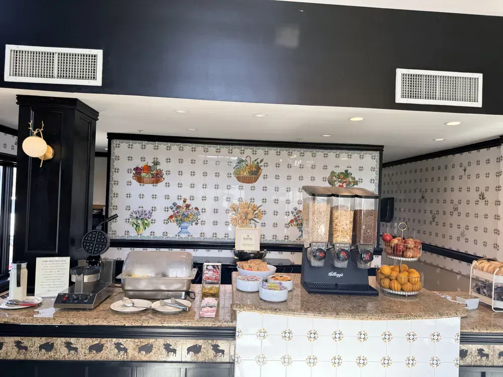The full breakfast room counter under patterned tiles